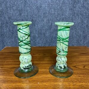 Blown Glass Green Swirl Art Glass Candlestick Holders Set‎ of 2 Unique Decor